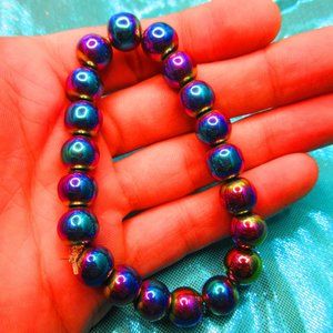 Rainbow Titanium Hematite 10mm Round 7" Stretchy Gemstone Bracelet